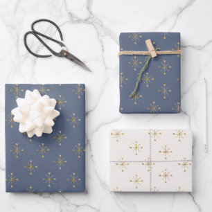 Chic Muted Blue Ivory   Gold Snow star Christmas  Wrapping Paper Sheet