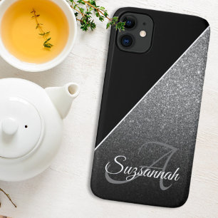 Chic Name Monogram Black Silver Glitter Ombre iPhone 11 Case