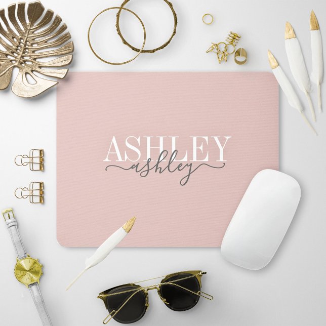 Chic Name Monogram Blush Pink Gray Elegant Mouse Mat (Creator Uploaded)