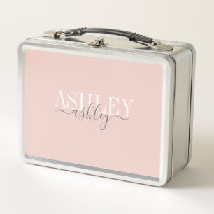 Chic Name Monogram Blush Pink Grey Elegant Metal Lunch Box