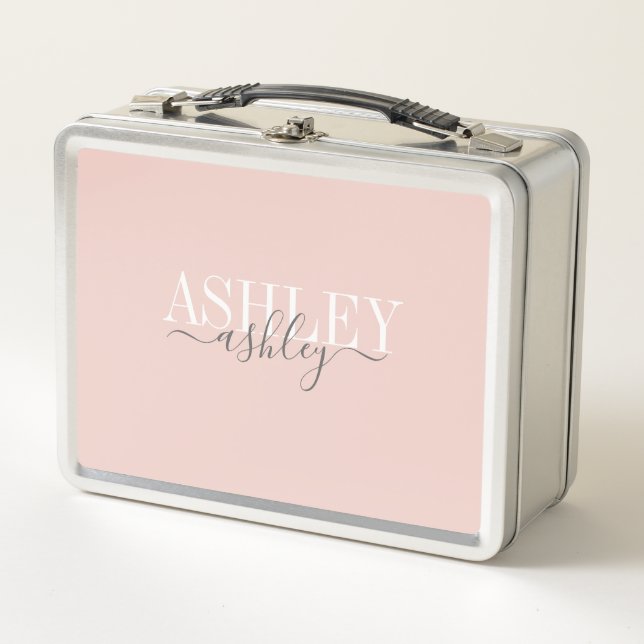 Chic Name Monogram Blush Pink Grey Elegant Metal Lunch Box (Front)