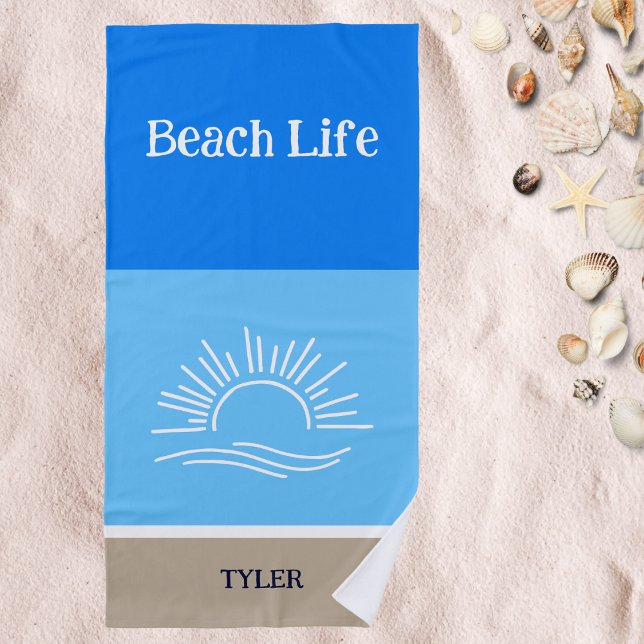 Chic Name Tan and Light Blue Stripes Sea  Beach Towel (Creator Uploaded)