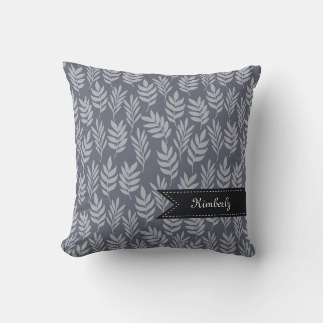 Chic Name With Elegant Slate Grey Leaves Pattern Cushion (Front)