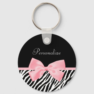 Chic Name Zebra Print Soft Girly Light Pink Ribbon Key Ring