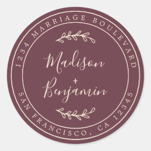 Chic Names Burgundy Ivory Wedding Return Address Classic Round Sticker