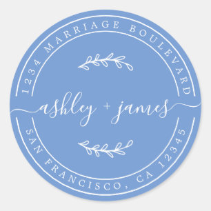 Chic Names Cornflower Blue Wedding Return Address Classic Round Sticker