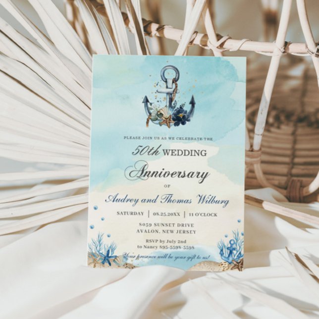 Chic Nautical Anchor Beach Wedding Anniversary Invitation (Creator Uploaded)