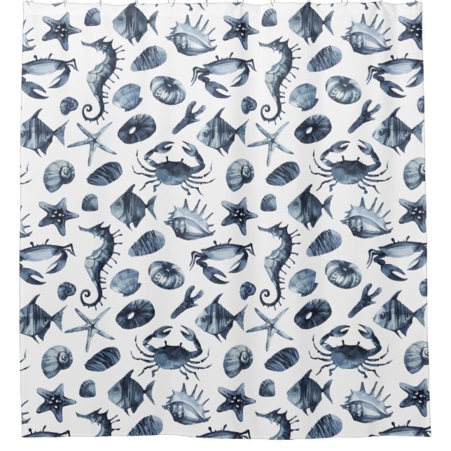 Chic Nautical Blue Seashell seahorse starfish crab Shower Curtain (Front)