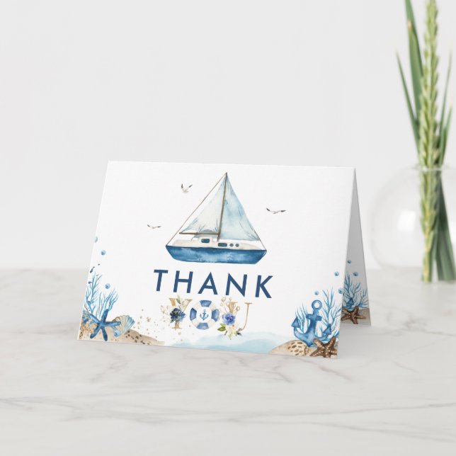 Chic Nautical Boat Ahoy It's a Boy Baby Shower Tha Thank You Card (Front)