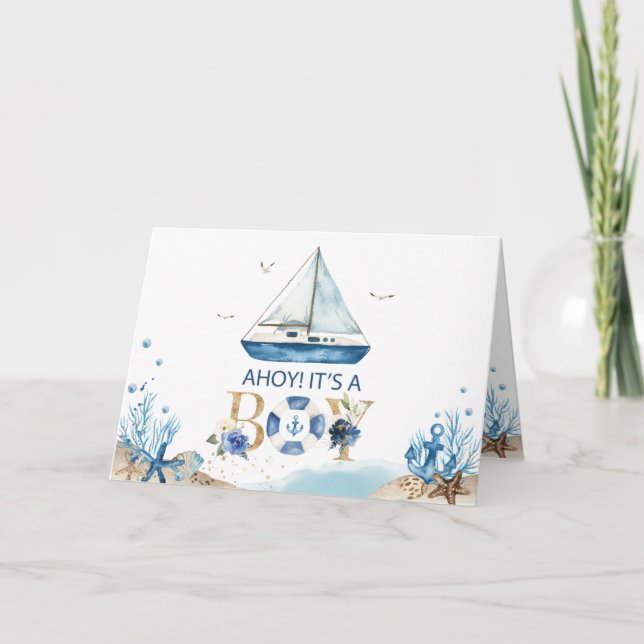 Chic Nautical Boat Ahoy It's a Boy Baby Shower Thank You Card (Front)