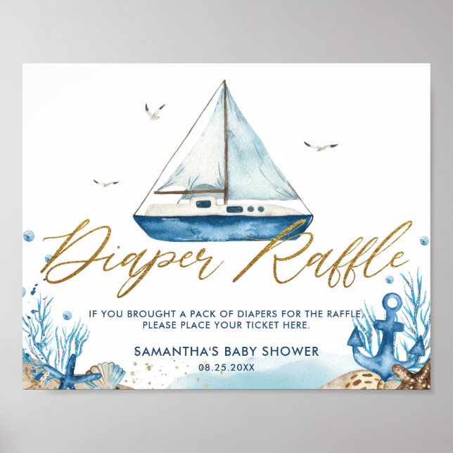 Chic Nautical Boat Gold Baby Shower Diaper Raffle  Poster (Front)