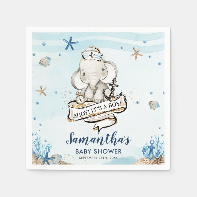 Chic Nautical Cute Elephant Boy Baby Shower Napkin (Front)
