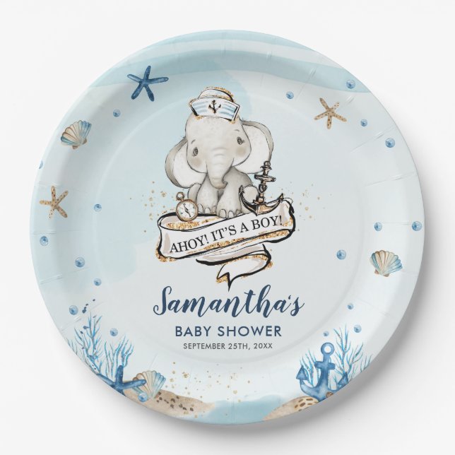 Chic Nautical Cute Elephant Boy Baby Shower Paper Plate (Front)