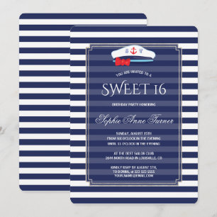 Chic Nautical Navy Stripes Silver Sweet 16 Party Invitation