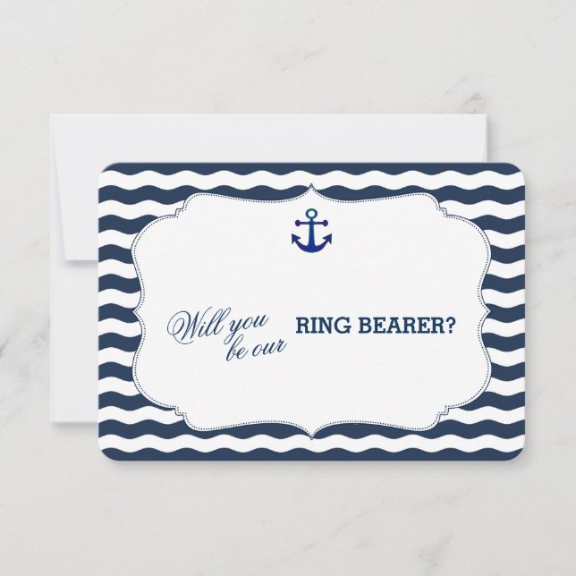 Chic Nautical Navy Waves BE MY RING BEARER Invitation (Front)