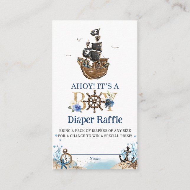 Chic Nautical Pirate Ahoy It's a Boy Diaper Raffle Enclosure Card (Front)