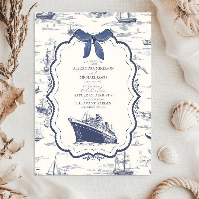 Chic Nautical Toile de Jouy Bow Wedding Invitation (Creator Uploaded)
