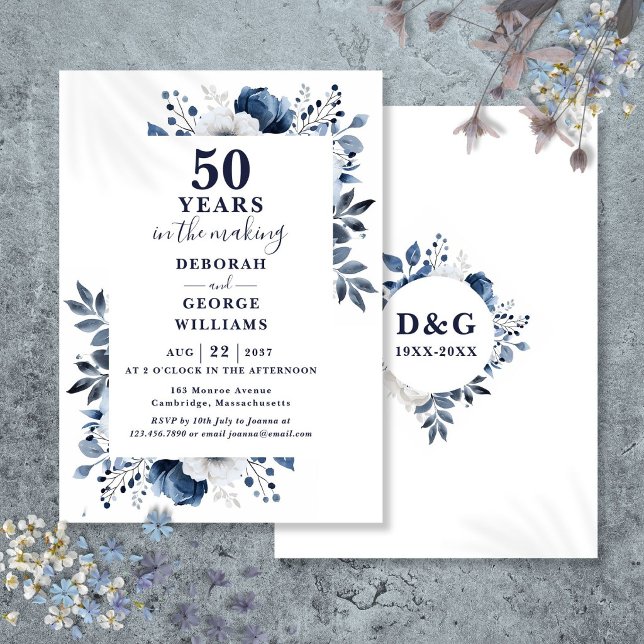 Chic Navy 50th Wedding Anniversary Monogram Invitation (Chic Navy 50th Wedding Anniversary Monogram Invitation)