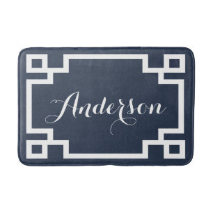 Chic Navy and White Greek Key Custom Monogram Bath Mat