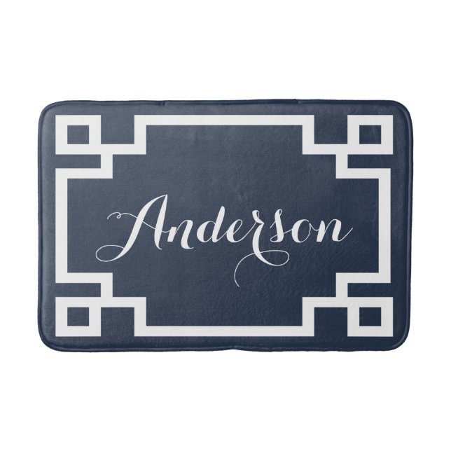 Chic Navy and White Greek Key Custom Monogram Bath Mat (Front)