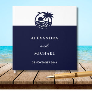 Chic Navy and White Palm Tree Coastal Wedding Guest Book
