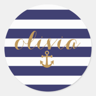 Chic Navy And White Stripes Nautical Anchor Classic Round Sticker