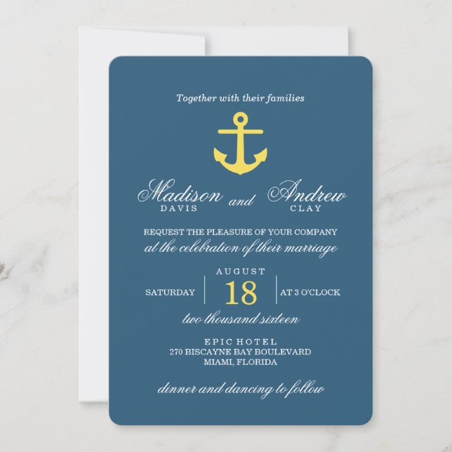 Chic Navy and Yellow Anchor Wedding Invitation (Front)