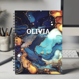 Chic navy aqua orange marble faux glitter monogram notebook