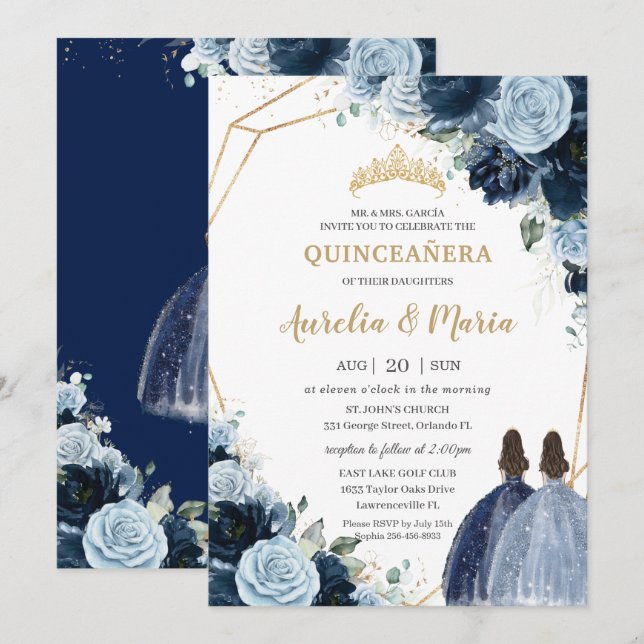 Chic Navy Baby Blue Floral Girls Twins Quinceañera Invitation (Front/Back)