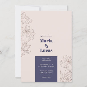Chic navy beige brown floral bold typo wedding  invitation