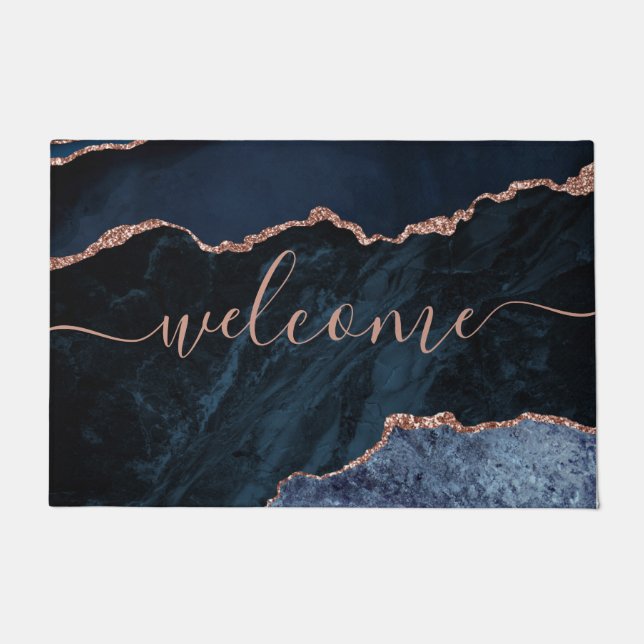 Chic Navy Blue Agate Rose Gold Glitter Welcome Doormat (Front)