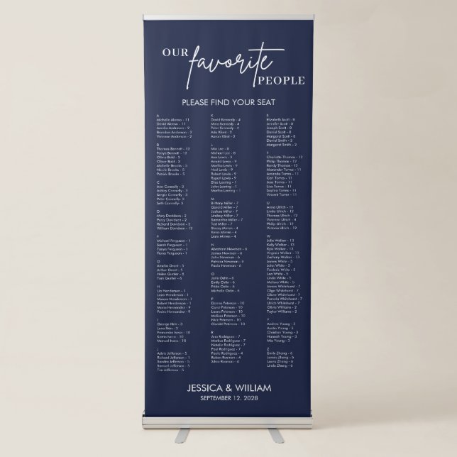 Chic Navy Blue Alphabetical Wedding Seating Chart Retractable Banner (Front)
