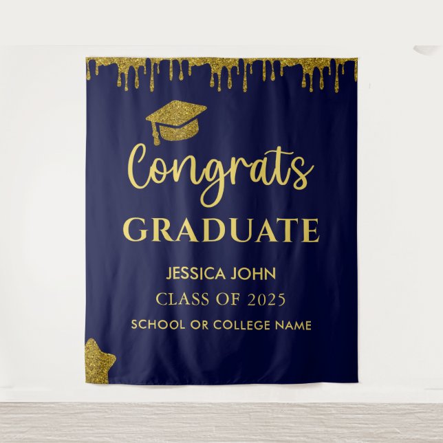 Chic Navy Blue And Gold Graduation Photo Backdrop Tapestry (Front)