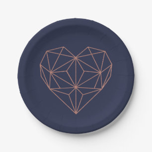 Chic Navy Blue and Rose Gold Foil Geometric Heart Paper Plate