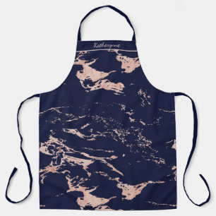 Chic Navy Blue and Rose Gold Foil Marble Apron
