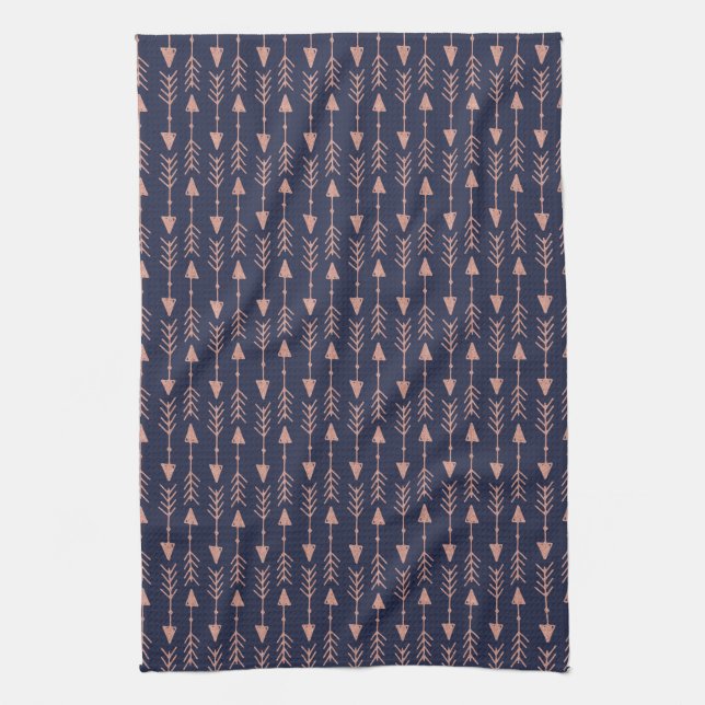 Chic Navy Blue and Rose Gold Foil Tribal Arrows Tea Towel (Vertical)