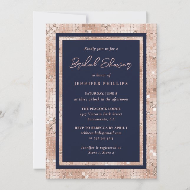 Chic Navy Blue and Rose Gold Glitter Bridal Shower Invitation (Front)