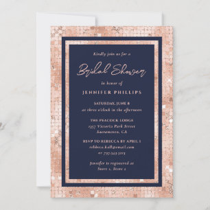Chic Navy Blue and Rose Gold Glitter Bridal Shower Invitation