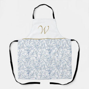 Chic Navy Blue and White Botanical Monogram Apron