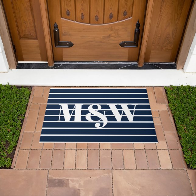 Chic navy blue and white stripes custom monogram  doormat (Outdoor)