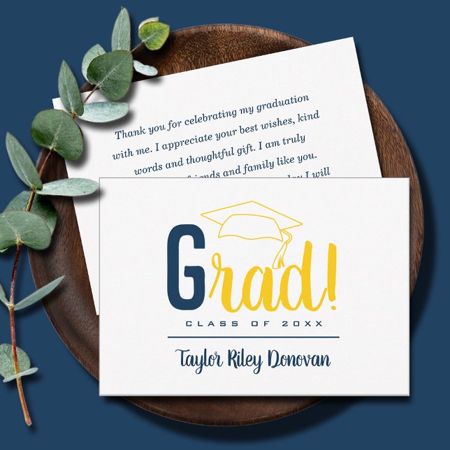 Chic Navy Blue and Yellow Grad Cap Graduation Card (3.5" x 5" navy blue and yellow Grad and graduation cap flat note cards, your message on the back)