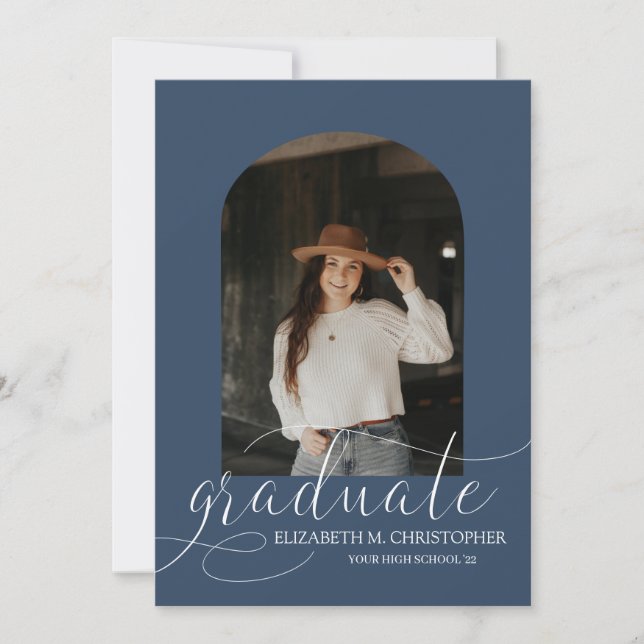 Chic Navy Blue Arch 5 Photo Collage Graduation Announcement (Front)
