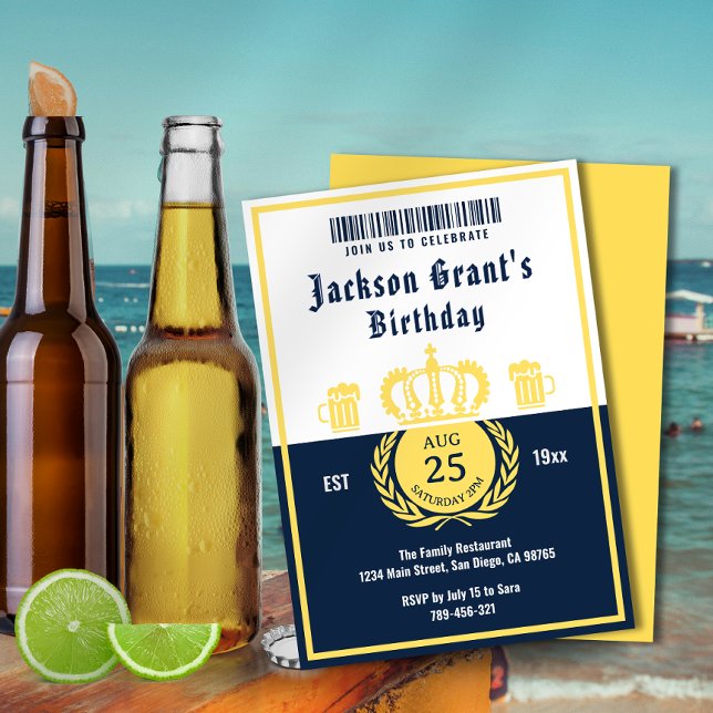 Chic Navy Blue Beer Label Brewery Theme Birthday Invitation (Creator Uploaded)