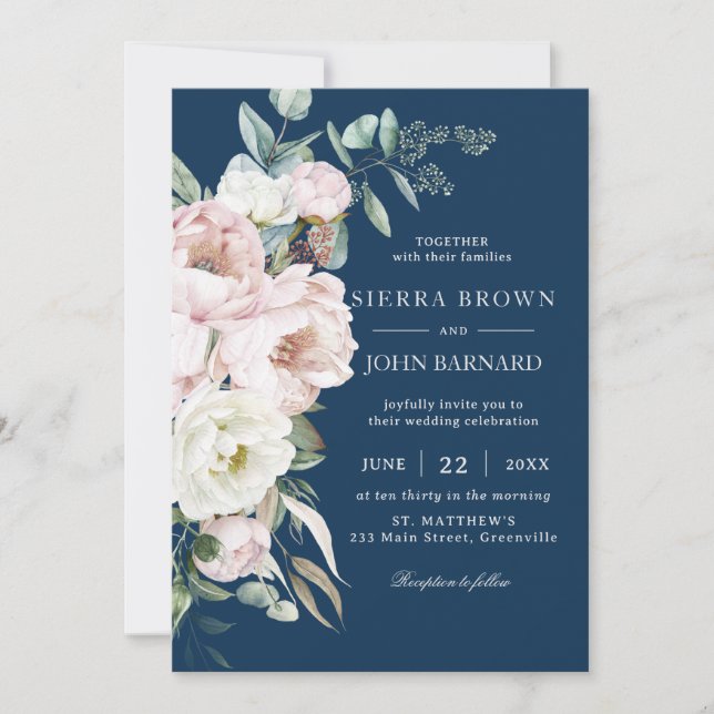 Chic Navy Blue Blush Ivory Peonies Floral Wedding Invitation (Front)