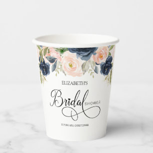 Chic Navy Blue Blush Pink Floral Bridal Shower Paper Cups