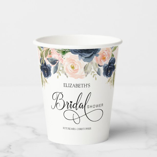 Chic Navy Blue Blush Pink Floral Bridal Shower Paper Cups (Front)