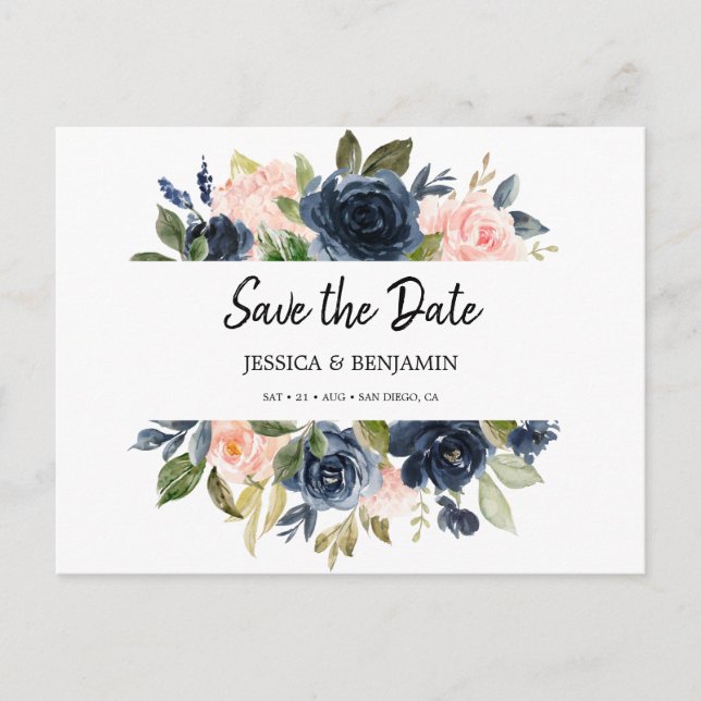 Chic Navy Blue Blush Pink Floral Save The Date Postcard (Front)