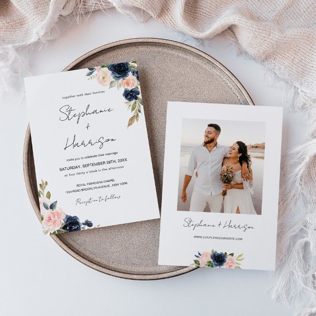 Chic Navy Blue & Blush Pink Floral Wedding Photo Invitation (Chic Navy Blue & Blush Pink Floral Wedding Photo Invitation)