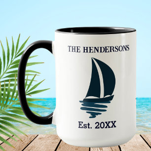 Chic Navy Blue Boat Family Name Yacht Mug