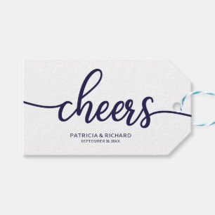 Chic Navy Blue Calligraphy Cheers Wine Bottle Tags
